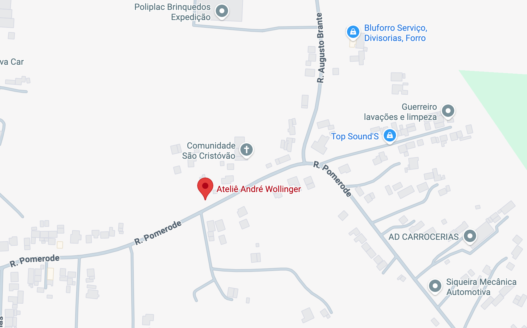 Mapa mostrando o Ateliê André Wollinger na Rua Pomerode, em Timbó